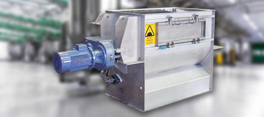 Paddle mixer, dry mixer, single-shaft mixer, mixing ingredients to create a blend. The mixer features a steel body,